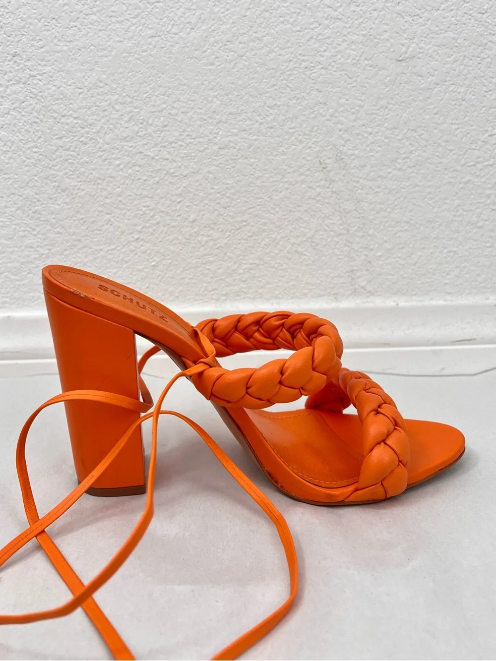 Schutz Zaria Orange High Block Heel Sandals Braided Ankle Straps Women's 9.5B